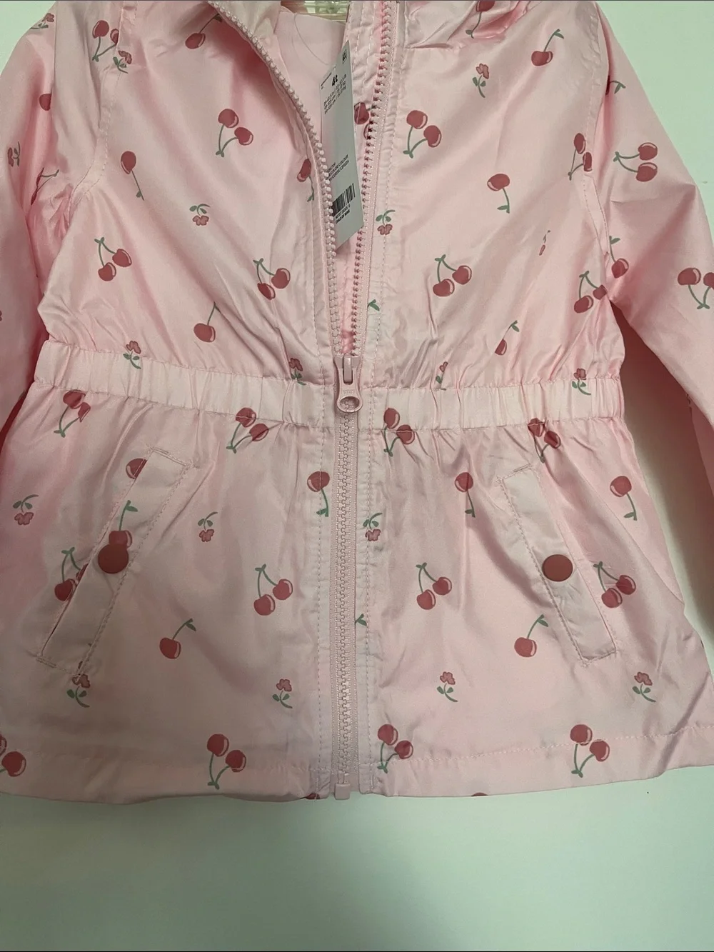 Pink Cherry-Print Hooded Girls' wind breaker jacket/ rain jacket